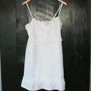 EYELET White Stretchy Strappy Mini Ruffled Hem Dress Coquette Ibiza Women Small